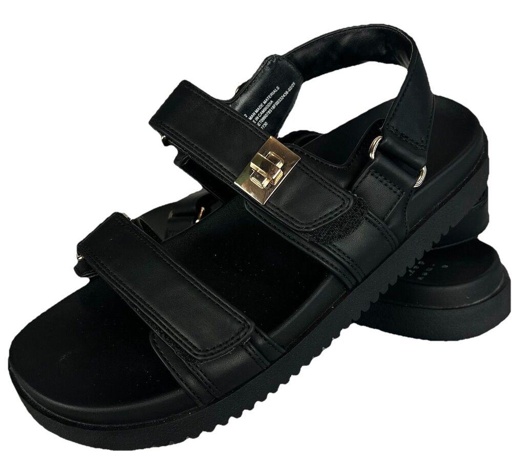 Women Black Platform Sandals Double Strap Gold Buckle Casual Comfort Size 81/2 - Picture 6 of 15